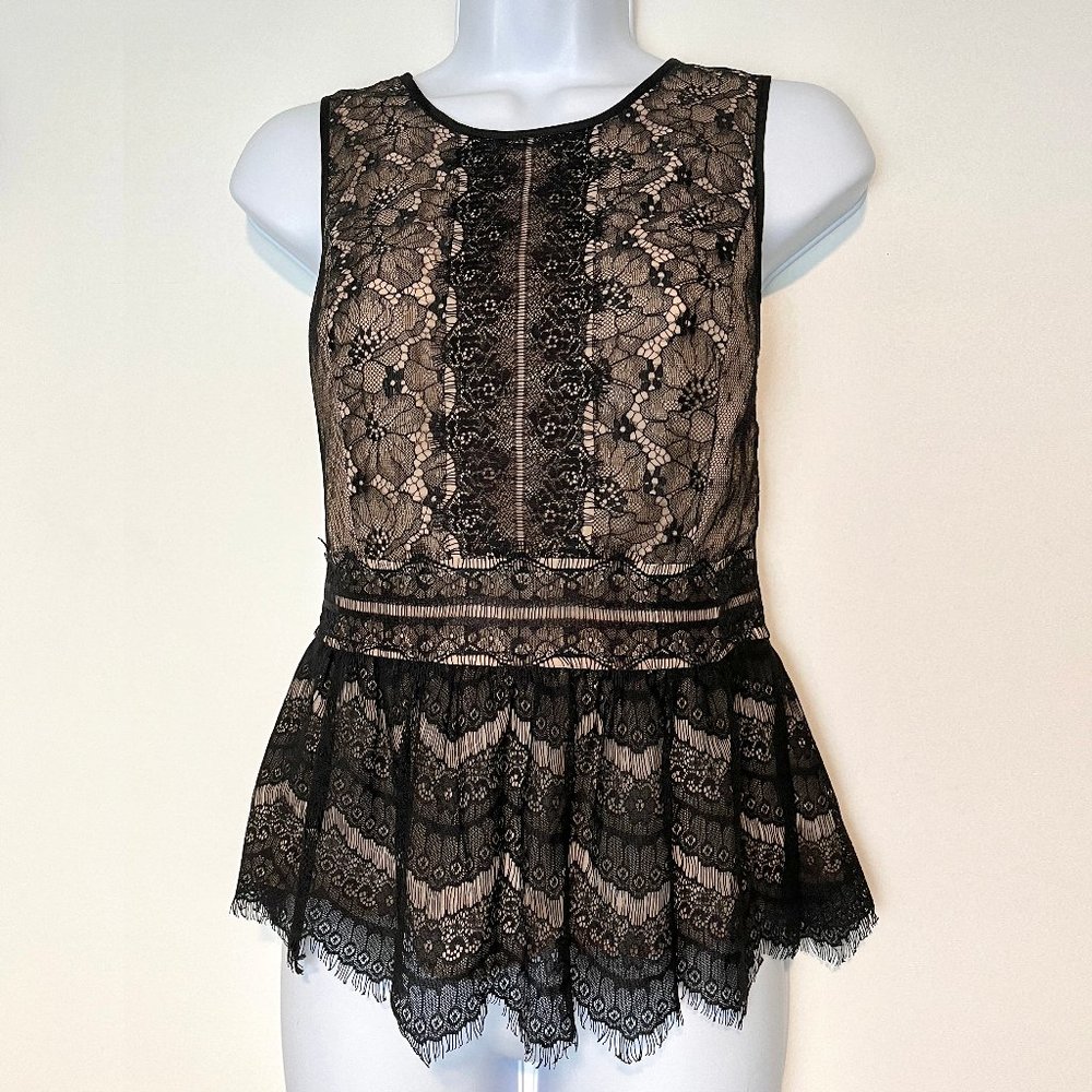 LOFT black and cream lace ruffle sleeveless top